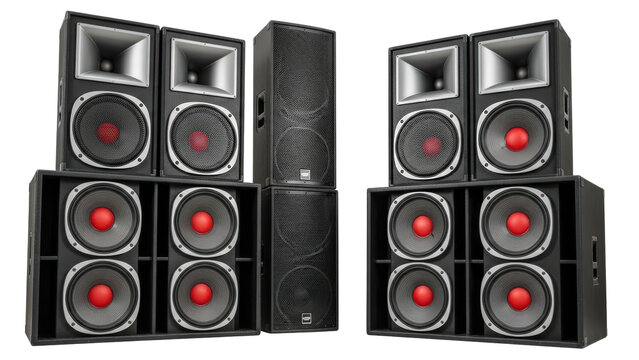 Professional sound system speakers and subwoofers isolated on transparent background