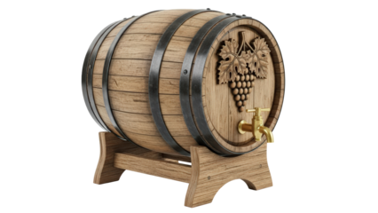 Wooden wine barrel with grape carving on a stand isolated on transparent background