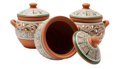 Three ornate terracotta pots with lids isolated on transparent background