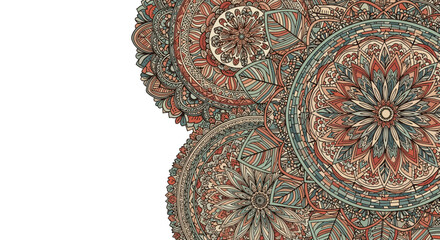Colorful mandala background with intricate, overlapping circular patterns in earthy tones, leaving a large white copy space on the left.