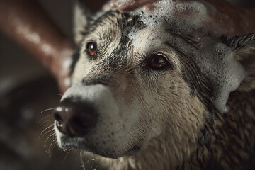 Dog being bathed with thick soapy lather on wet fur, close up of calm pet face with soft diffused light highlighting detailed texture and gentle expression during grooming