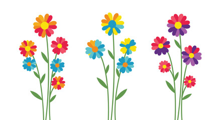 Obraz premium Three bouquets of stylized, multi-colored flowers with long green stems, isolated against a simple and clean white background.