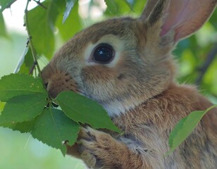 A close-up view of a brown rabbit eating fresh green leaves. The animal is in focus, details of its fur visible