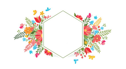 Beautiful hexagonal floral frame with colorful flowers, leaves, and butterflies, providing a blank space for text or a photo.