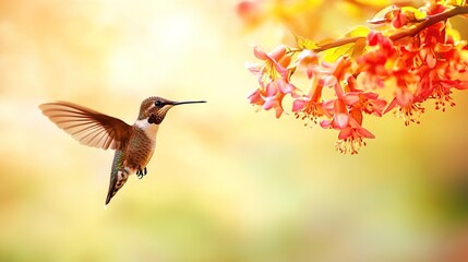 selectively. Hummingbird hovering at garden flowers with motion blur wings and floral background. wildlife magazines, conservation campaigns, designed for nature documentaries and education.
