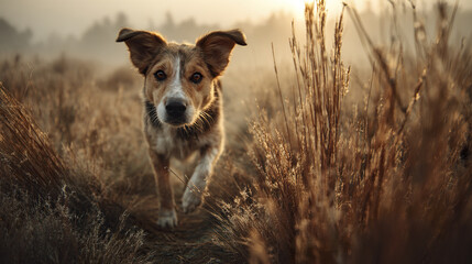 Dog eager for meal in bright sunlit field with soft haze and warm golden light creating peaceful and natural atmosphere in this medium shot of brown and white dog