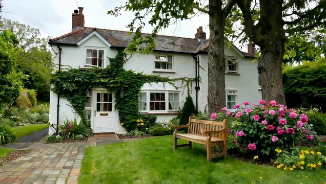 Charming English Country Cottage with a Beautiful Garden and Wooden Bench.