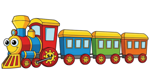 Cute cartoon steam train with colorful carriages isolated on transparent background