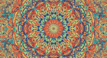 Vibrantly colored, symmetrical kaleidoscope mandala background with intricate patterns in shades of orange, blue, and green.