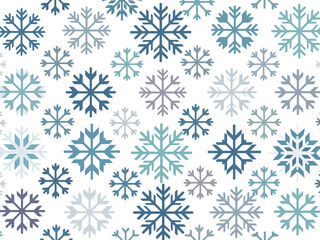 Seamless pattern of various blue and gray geometric snowflakes on a white background