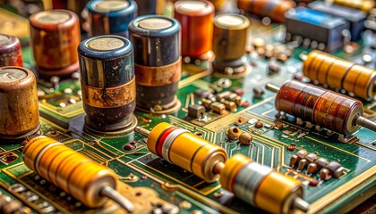 retro electric board radio circuit vintage resistor capacitor macro shot analog component solder joint old color band classic technology repair collectible electronics nostalgic detail craftsmanship