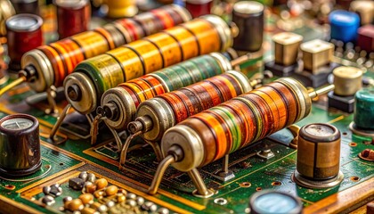 retro electric board radio circuit vintage resistor capacitor macro shot analog component solder joint old color band classic technology repair collectible electronics nostalgic detail craftsmanship