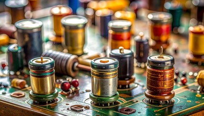 retro electric board radio circuit vintage resistor capacitor macro shot analog component solder joint old color band classic technology repair collectible electronics nostalgic detail craftsmanship