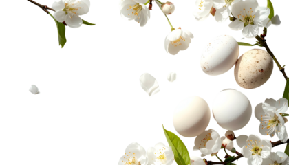 White spring blossoms frame eggs on black background. Springtime celebration