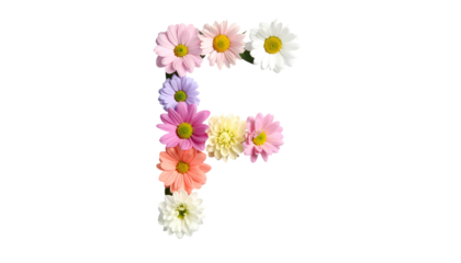 A floral letter "F" composed of colorful daisies against a stark black background