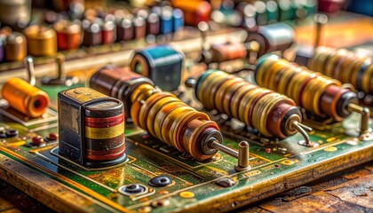 retro electric board radio circuit vintage resistor capacitor macro shot analog component solder joint old color band classic technology repair collectible electronics nostalgic detail craftsmanship