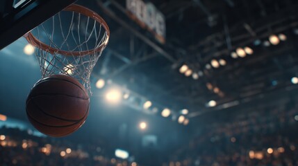 Dynamic Basketball Shot Captured in Action at Indoor Arena During Exciting Game with Fans Cheering in Background