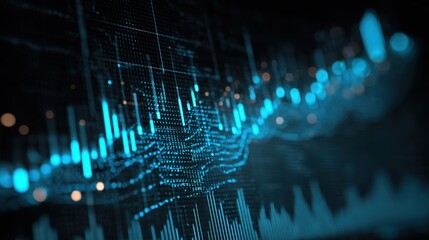 Digital Data Visualization with Blue Lines and Patterns on a Dark Background for Financial Analysis and Technology Concepts