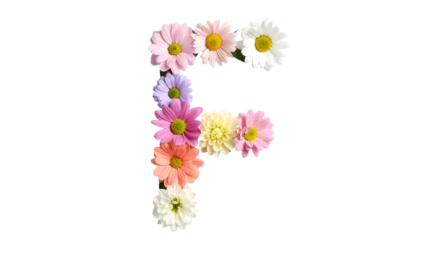 A floral letter "F" composed of colorful daisies against a stark black background - Powered by Adobe