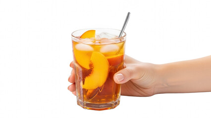 Hand holding a tall glass of iced tea with peach slices and a straw isolated on transparent background