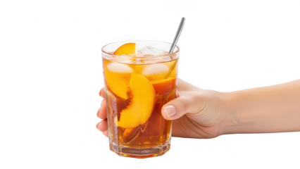 Hand holding a tall glass of iced tea with peach slices and a straw isolated on transparent background