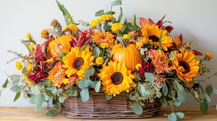 Obraz premium A vibrant autumn floral arrangement with pumpkins, sunflowers, and other fall-themed flowers in a rustic woven basket on a wooden table.