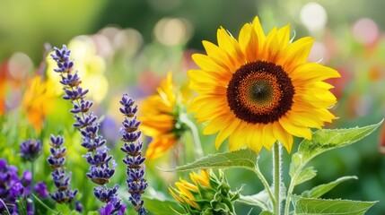 A vibrant sunflower and lavender in a lush garden setting.