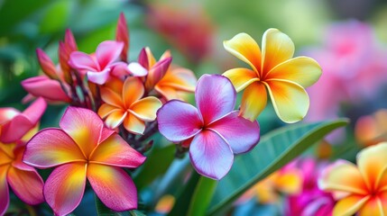 A vibrant display of colorful plumeria flowers in a lush garden setting.