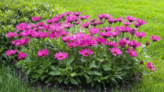A vibrant pink flower bed with a lush green lawn in the background.