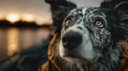 Fototapeta premium Dog looking lovingly at sunset with warm golden light reflecting on water, gentle bokeh background creating peaceful and emotional atmosphere in evening scene