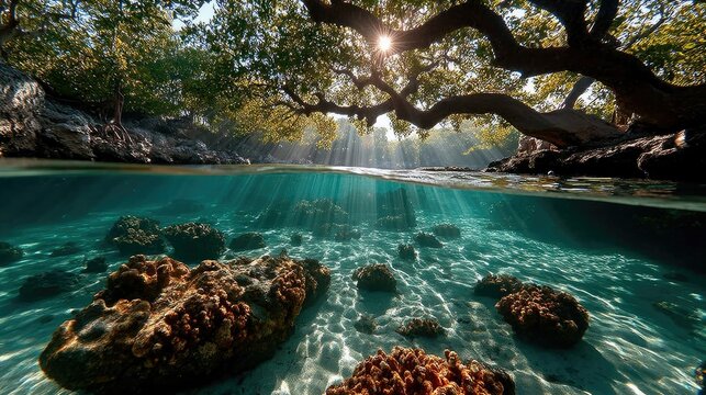 Split-level underwater scene with coral and sun rays