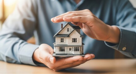 Person protecting small model house with hands, concept of home security