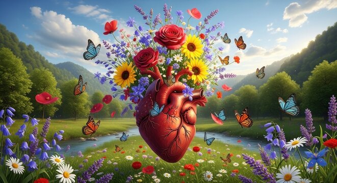 A vibrant heart with flowers and butterflies in a lush, green landscape. - Powered by Adobe