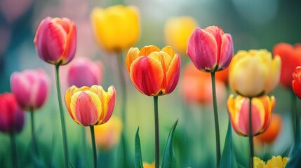 Fototapeta premium A vibrant display of colorful tulips in a garden setting.