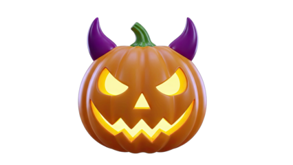 Halloween Jack O Lantern Pumpkin With Purple Devil Horns Glowing Orange Eyes And Mouth Isolated On Black Background Spooky Autumn Season Celebration