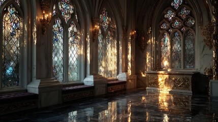 Stained Glass Windows Illuminated in a Gothic Hall