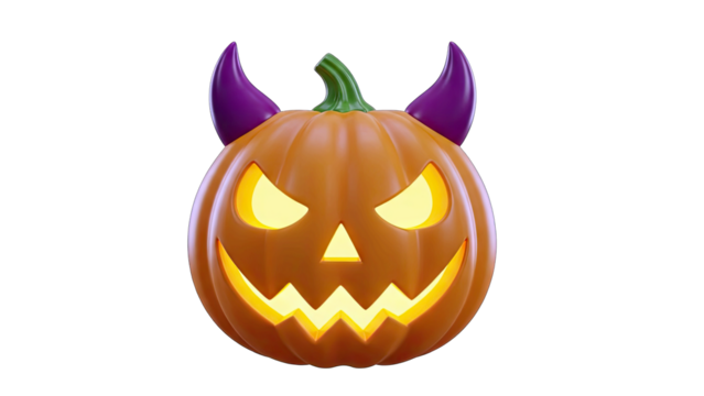 Halloween Jack O Lantern Pumpkin With Purple Devil Horns Glowing Orange Eyes And Mouth Isolated On Black Background Spooky Autumn Season Celebration