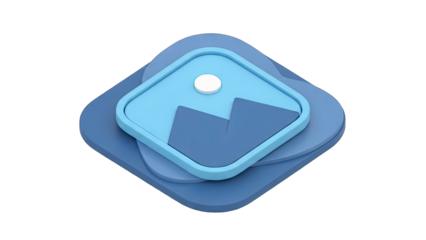 Isometric 3D Image Icon on Stacked Layered Squares in Shades of Blue and Light Blue with a White Circular Element on Top Isolated on a Transparent Background