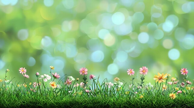 A vibrant, colorful meadow with a variety of flowers and grass, set against a soft, blurred green background with bokeh effects.