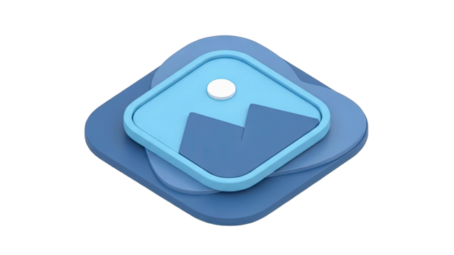 Isometric 3D Image Icon on Stacked Layered Squares in Shades of Blue and Light Blue with a White Circular Element on Top Isolated on a Transparent Background