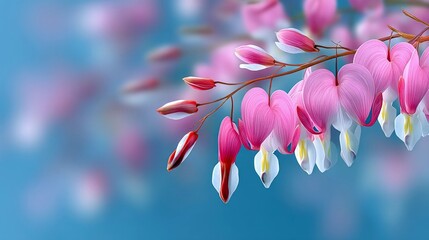 Bleeding Heart Flowers Blooming on Branch Against Blue Background