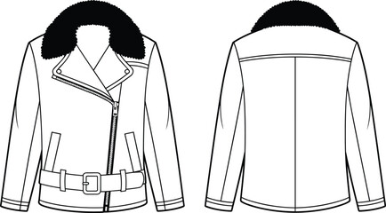Technical flat sketch of biker jacket, shearling collar asymmetrical zipper belted waist pocket detail design, fashion template, garment construction drawing, vector outline