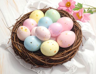 Obraz premium Pastel Easter eggs in a nest with pink flowers and white cloth