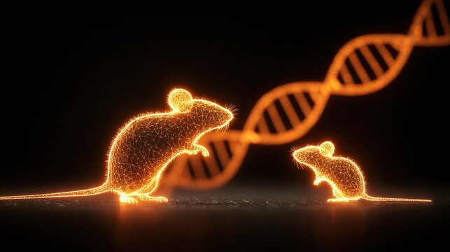 mutation. Two glowing mouse silhouettes connected by a DNA helix to their offspring, illustrating reproductive science. STEM education sheets.