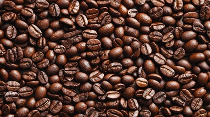 A close-up of coffee beans with a dark brown hue.