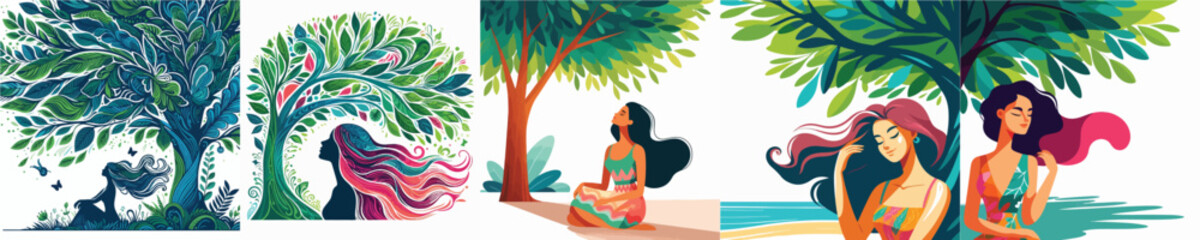  VECTOR WOMAN TAKING SHADE UNDER A TREE ON A WHITE BACKGROUND