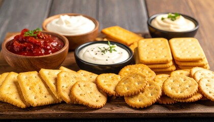 Crackers  dips on wood.