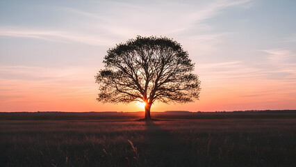 Stunning sunset shining through majestic tree in peaceful rural landscape, inspiring hope and tranquility in the golden hour light