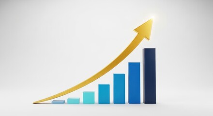 3d bar chart with rising golden arrow showing business growth