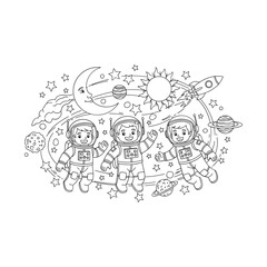 Whimsical hand drawn doodle art of astronauts and celestial elements in outer space
